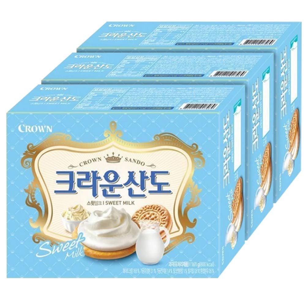 Crown Sando Sweet Milk | 161g | 3 Boxes, Korean Snack, Sweet Milk Filling Sandwich Biscuit, Sweet & Fruity, 산도 스윗밀크