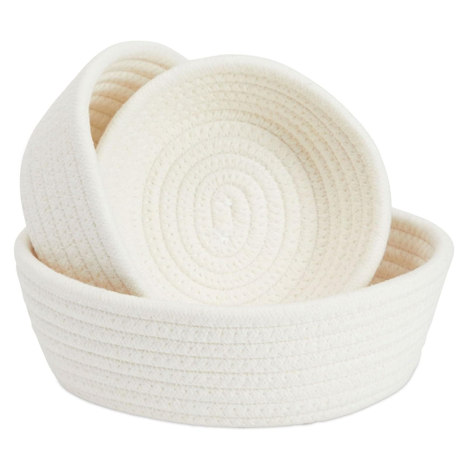 Juvale Small Round Cotton Rope Storage Baskets - Nesting Storage Bin Pack - Cotton Woven Basket for Home Organizing - White, Pack of 3, 6.5 x 2.9 in/7.5 x 3 in/8.2 x 3.2 in