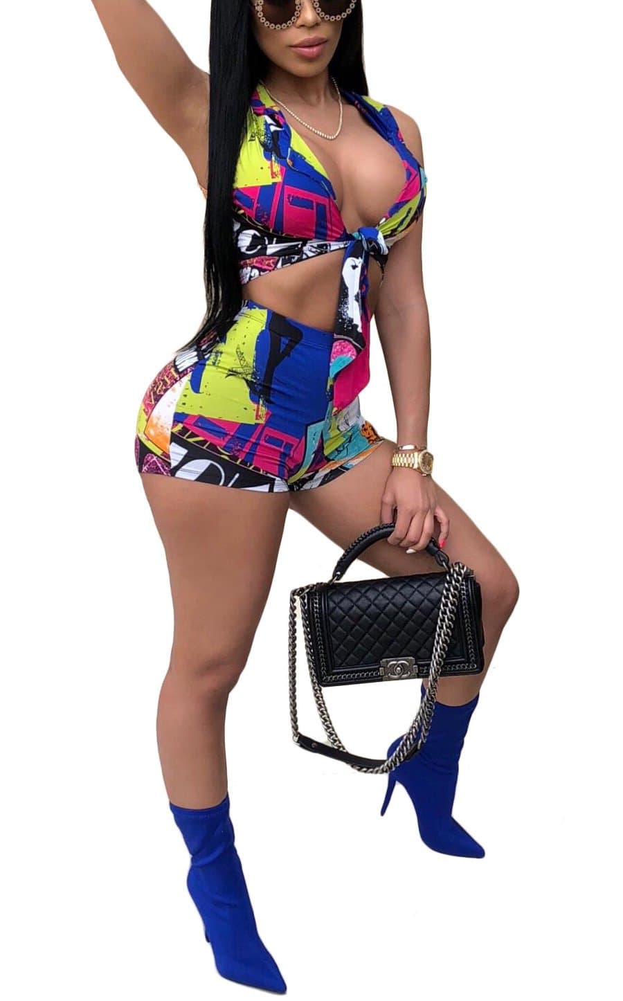 Aleng Women's Sexy Two Piece Outfits Romper Sleeveless Tie Front Crop Top Tight Short Pants Suit Set Multi Medium