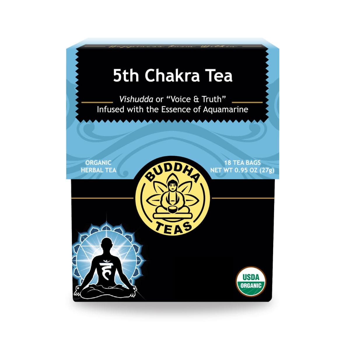 Buddha Teas - 5th Chakra Tea - Organic Herbal Tea - For Communication, Creativity & Self-Expression - With Licorice, Cinnamon & Aquamarine Essence - OU Kosher - 18 Tea Bags (Pack of 1)