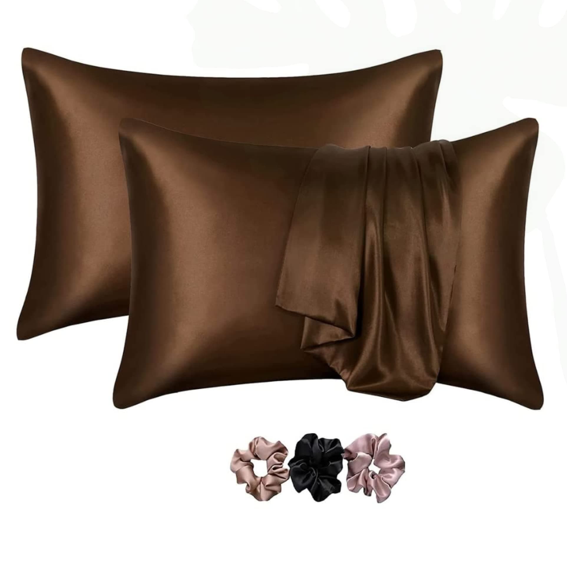 Wesofy Satin Silk Pillow Covers for Hair and Skin with Satin Scrunchies |Satin Pillow coves for Hair and Skin Pack of 2| scrunchies for Women 3-Piece|Silk Pillow Case(Coffee)600 TC, 600 TC