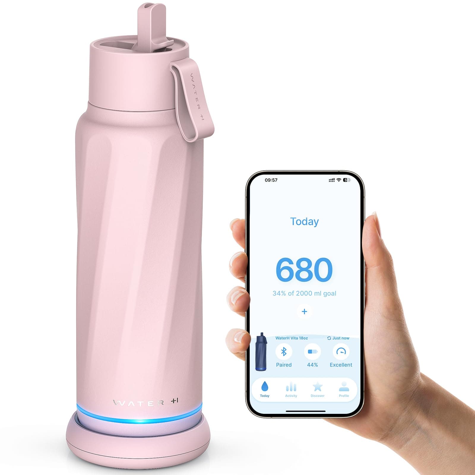WaterH Vita Smart Water Bottle with Reminder to Drink Water, BPA-Free Vacuum Insulated Water Bottles with Straw, Bluetooth Intake Water Tracking Bottle, Ideal for Gift (18 oz)