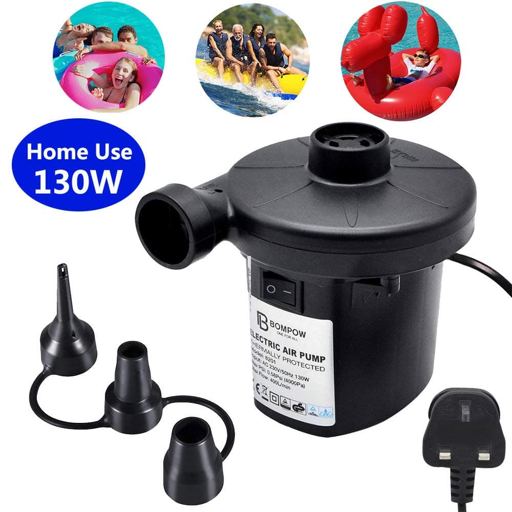 BOMPOWElectric Pump for Inflatables with 3 Nozzles, Air Pump for Air Mattress, Paddling Pool, UK 3 Pin Plug, AC 230V / 130W