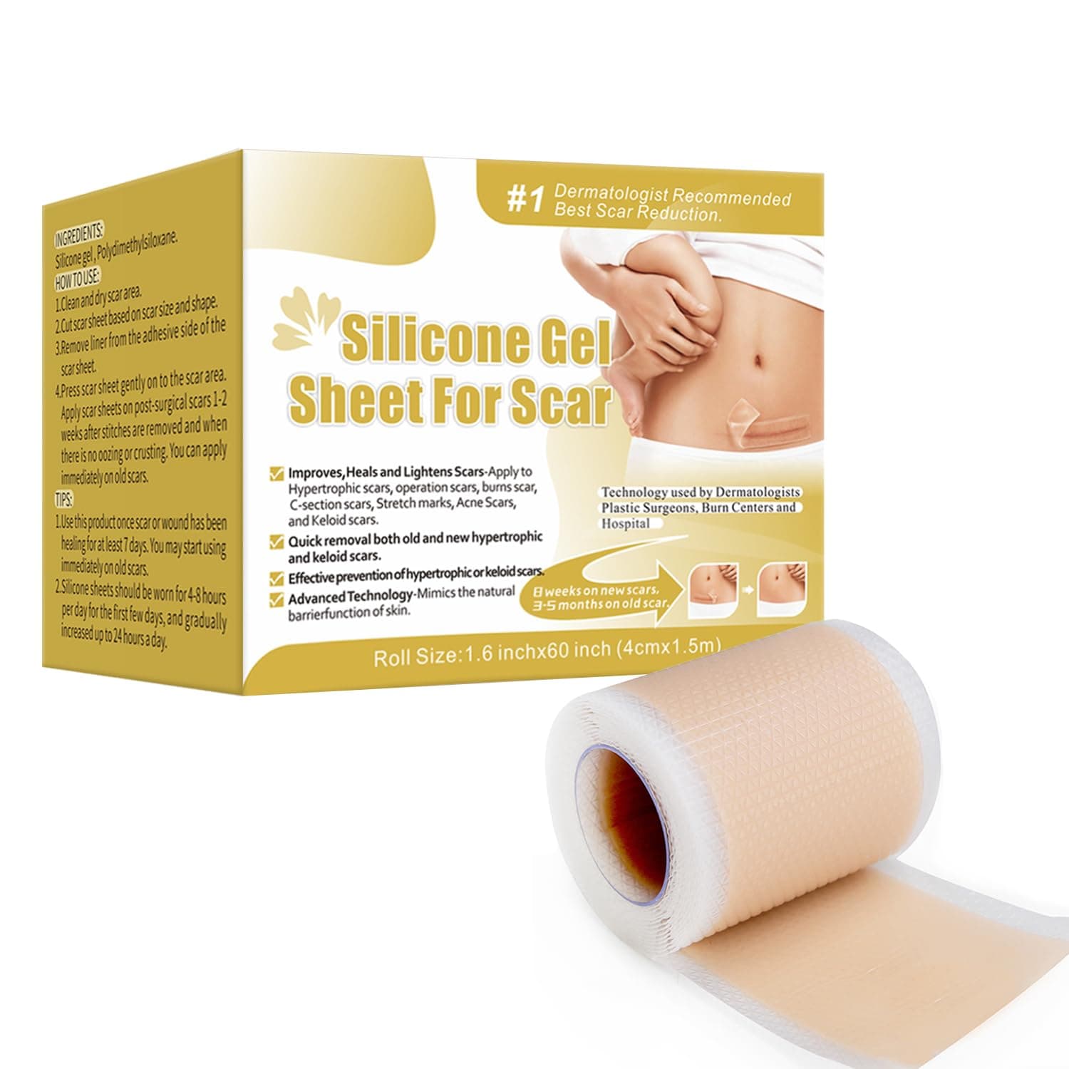 MQ Silicone Scar Sheets [1.6" x 60"], Professional Reusable Scar Removal Roll Tape, Fast & Effective Scar Removal Sheets for Acne, Keloid, Burns, C-Section