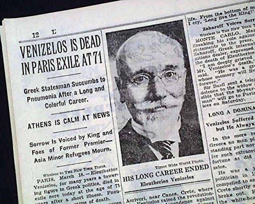 ELEFTHERIOS VENIZELOS Liberal Prime Minister of Greece DEATH 1936 Old Newspaper THE NEW YORK TIMES, March 19, 1936