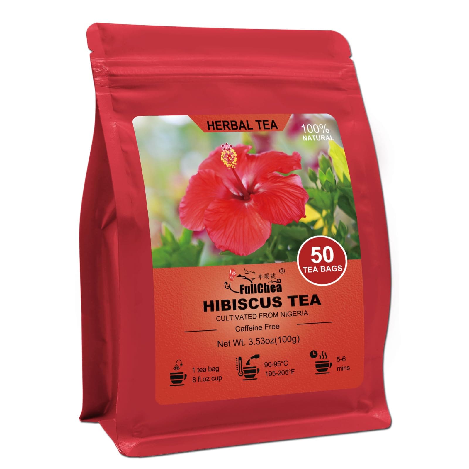 FullChea - Hibiscus Tea Bags, 50 Teabags, 2g/bag - Premium Hibiscus Flower Tea Bag - Cultivated From Nigeria - Non-GMO - Caffeine-free - Rich in Antioxidants & Support Digestion