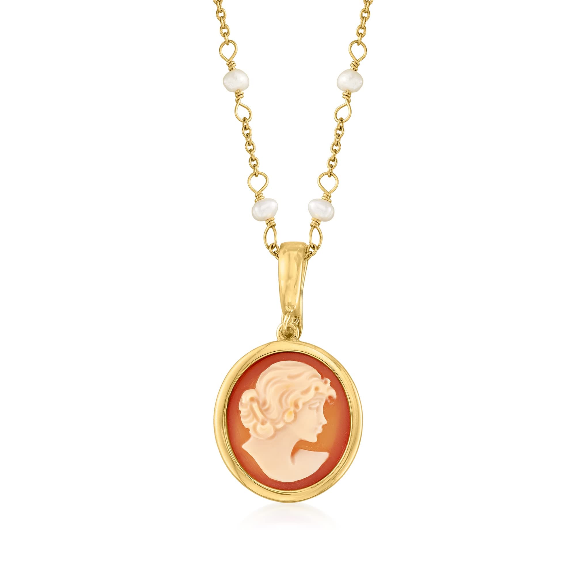 Ross-Simons Italian Orange Shell Cameo Pendant Necklace With 3.5mm Cultured Pearls in 18kt Gold Over Sterling. 18 inches