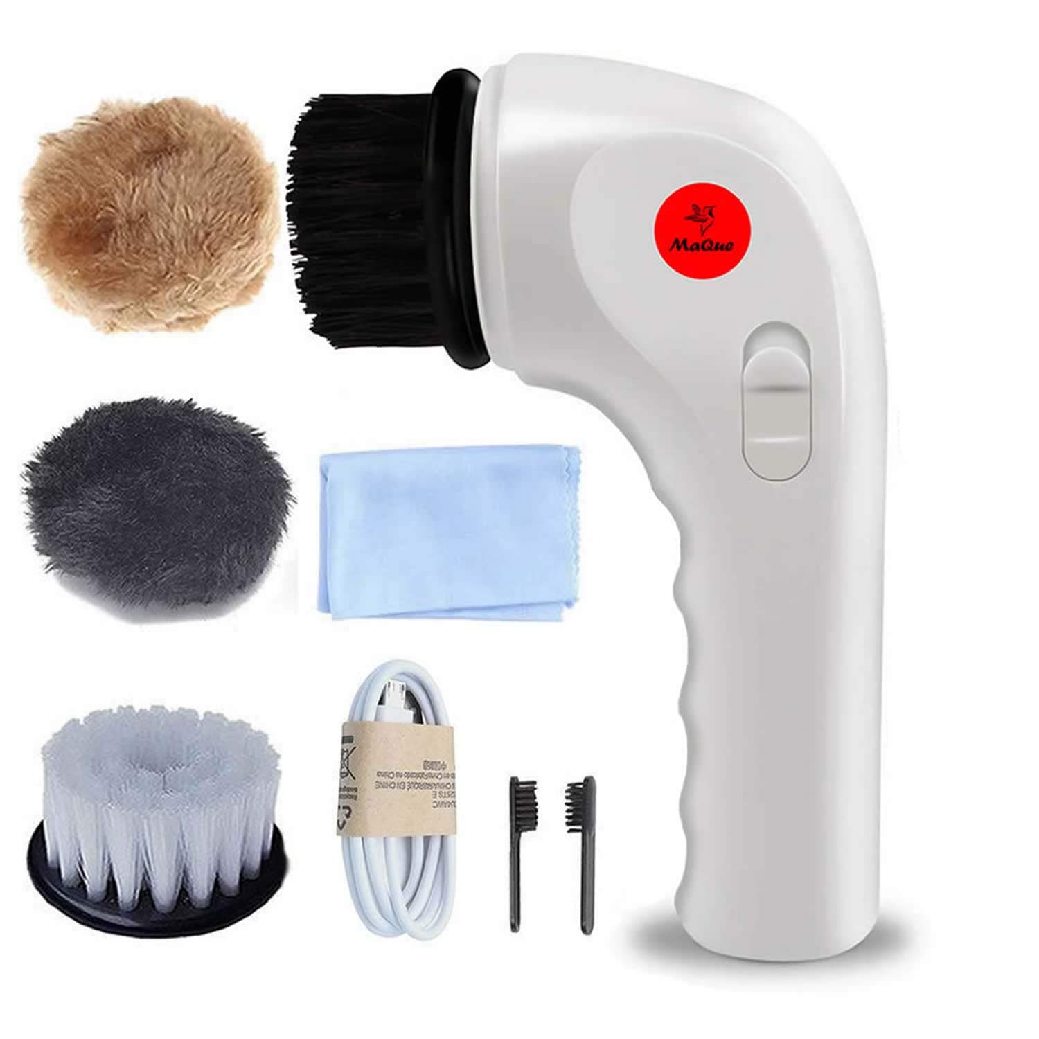 Electric Shoe Polisher Machine, MaQue Mini Handheld Electric Shoe Brush Shoe Shine with USB Interface Charging Port, Shoe Shine Kits for Leather Care (White)