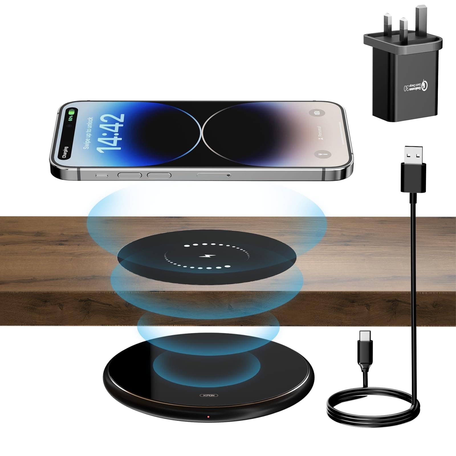 KPON Invisible Wireless Phone Charger, Long Distance QI Charger, Furniture Hidden Under Desk Charging Station For iPhone 16/15/14/13 Pro/12 Pro max/Samsung Galaxy