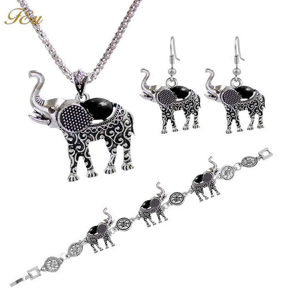 Honghu Boho Elephant Dangle Earrings Necklace Bracelet Set Ethnic Turquoise Women Jewelry Gifts