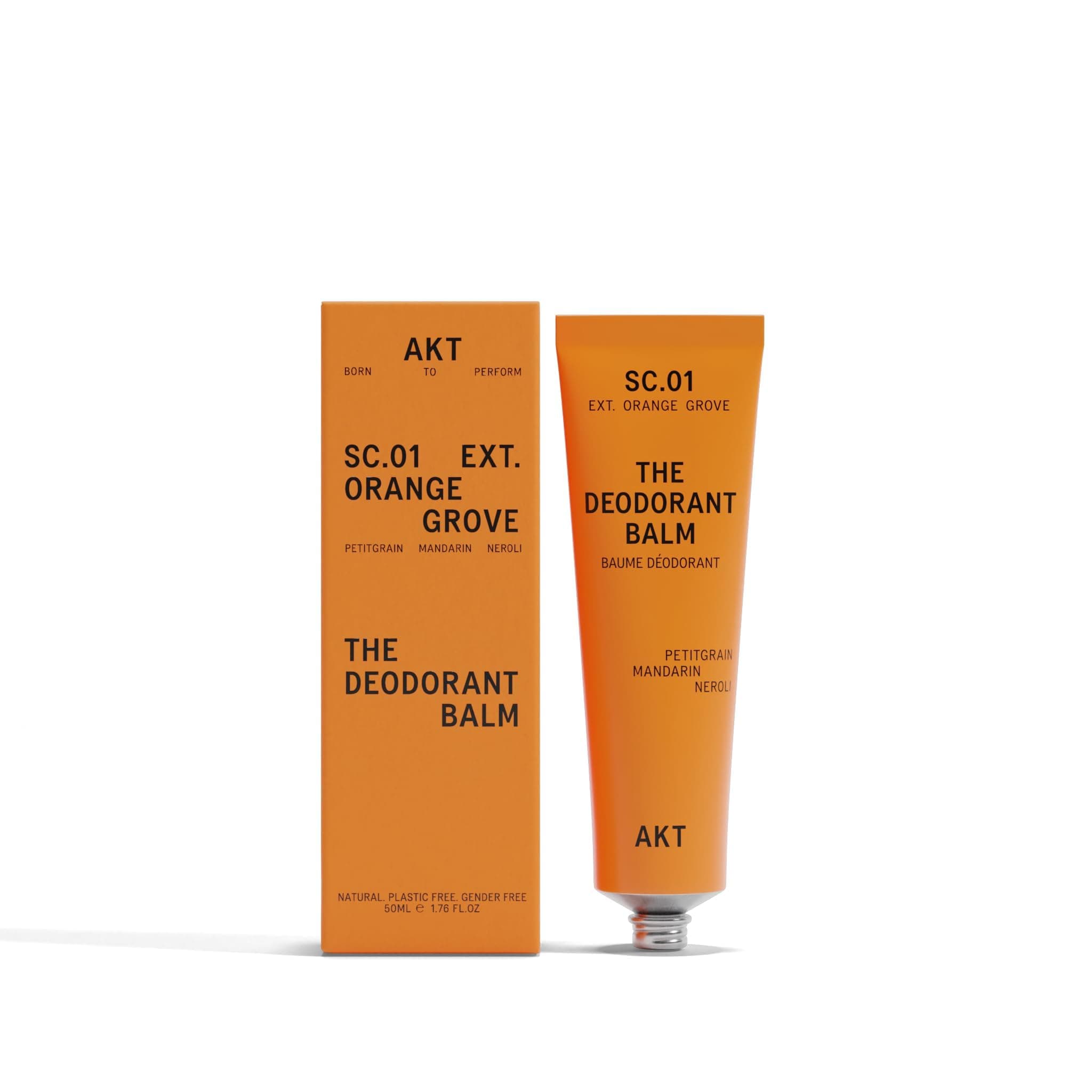 THE DEODORANT BALM. Award winning, multi-use, natural deodorant. Plastic Free. Gender Free. Aluminium Free. 100% effective — 1 tube lasts up to 3 months. SC.01 ORANGE GROVE. 50ml