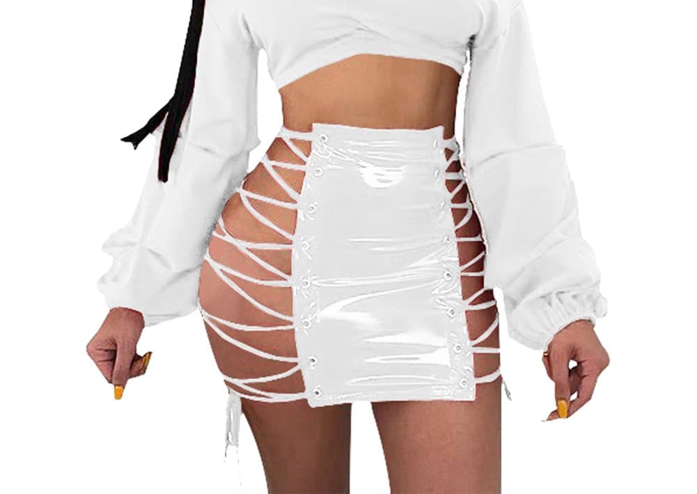 Women Club Sexy Bandage Dresses PU Leather Mini Skirt White XL