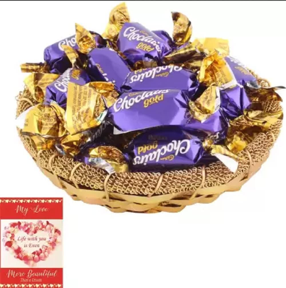 Cadbury Tasty Choclairs Gold Chocolates Gift Hamper Chocolate Gift for Valentine 323 Combo (1 Golden Katory & 15 Choclairs, 1 Love Card)