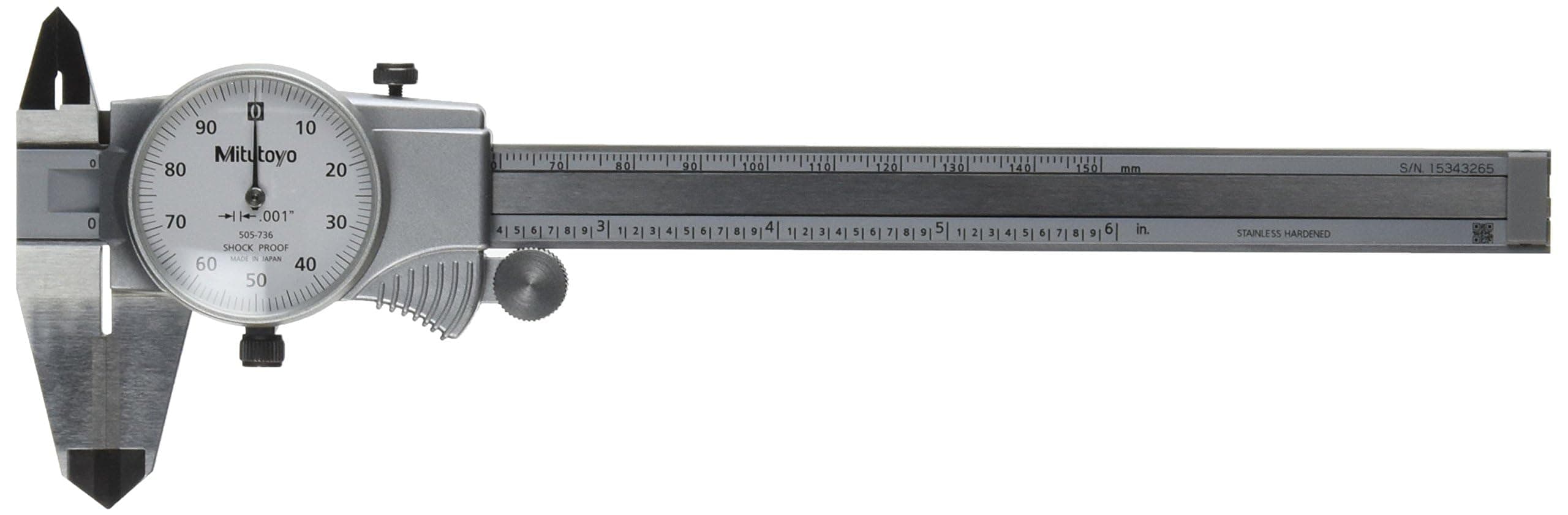 505-736 Dial Caliper with OD Carbide Tips, 01" per Revolution, 0-6" Measuring Range, 0001" Accuracy, Designed for Precision Measurement in Mechanical and Engineering Applications