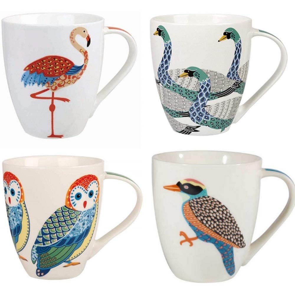Churchill China Queens Paradise Birds Colourful Owl Woodpecker Flamingo Swans Mug Cup Set of 4 500ml 16.9 fl oz