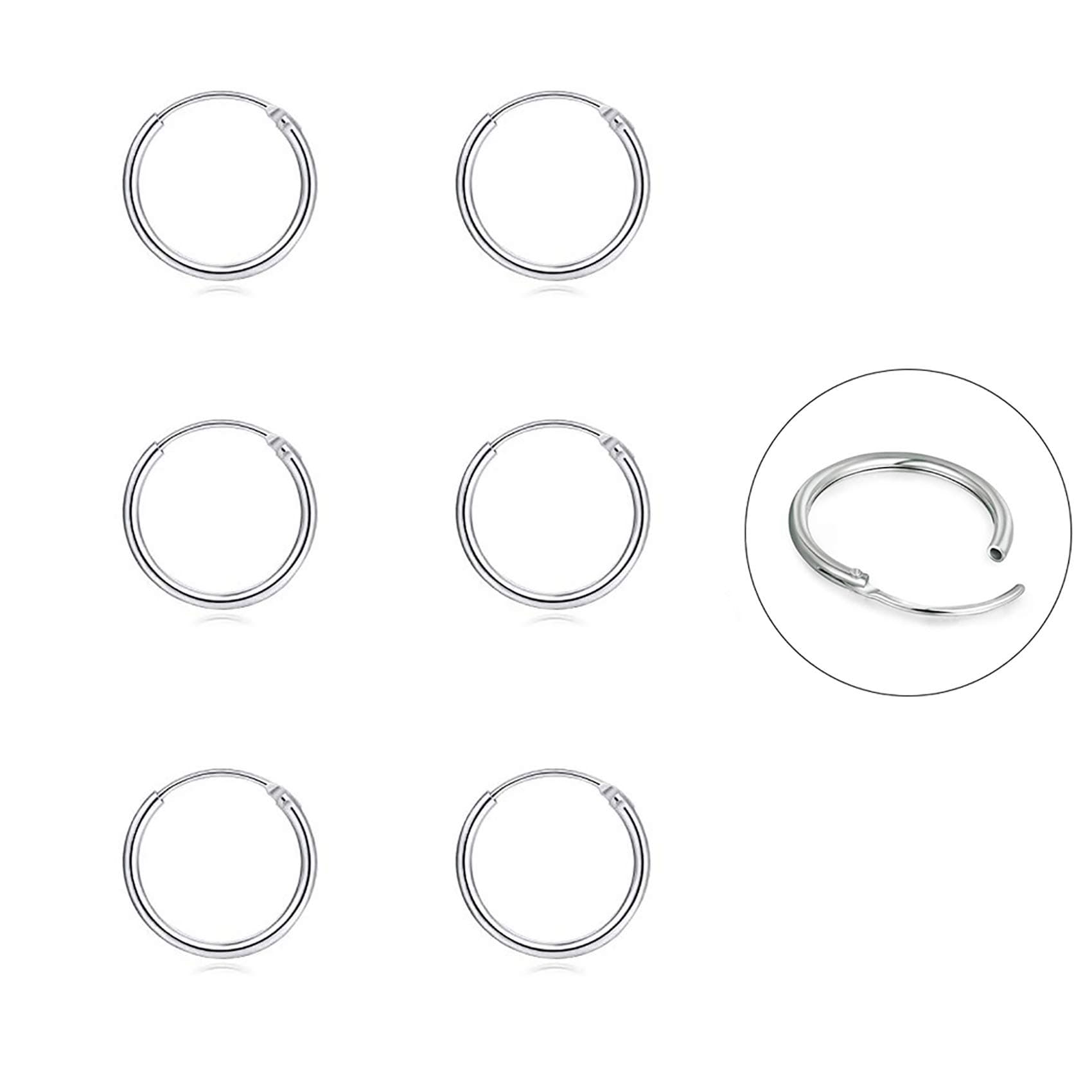 Silver Hoop Earrings- Cartilage Endless Small Hoop Earrings Set for Women Men, 3 Pairs of Hypoallergenic 925 Sterling Silver Tragus Earrings Nose Lip Rings