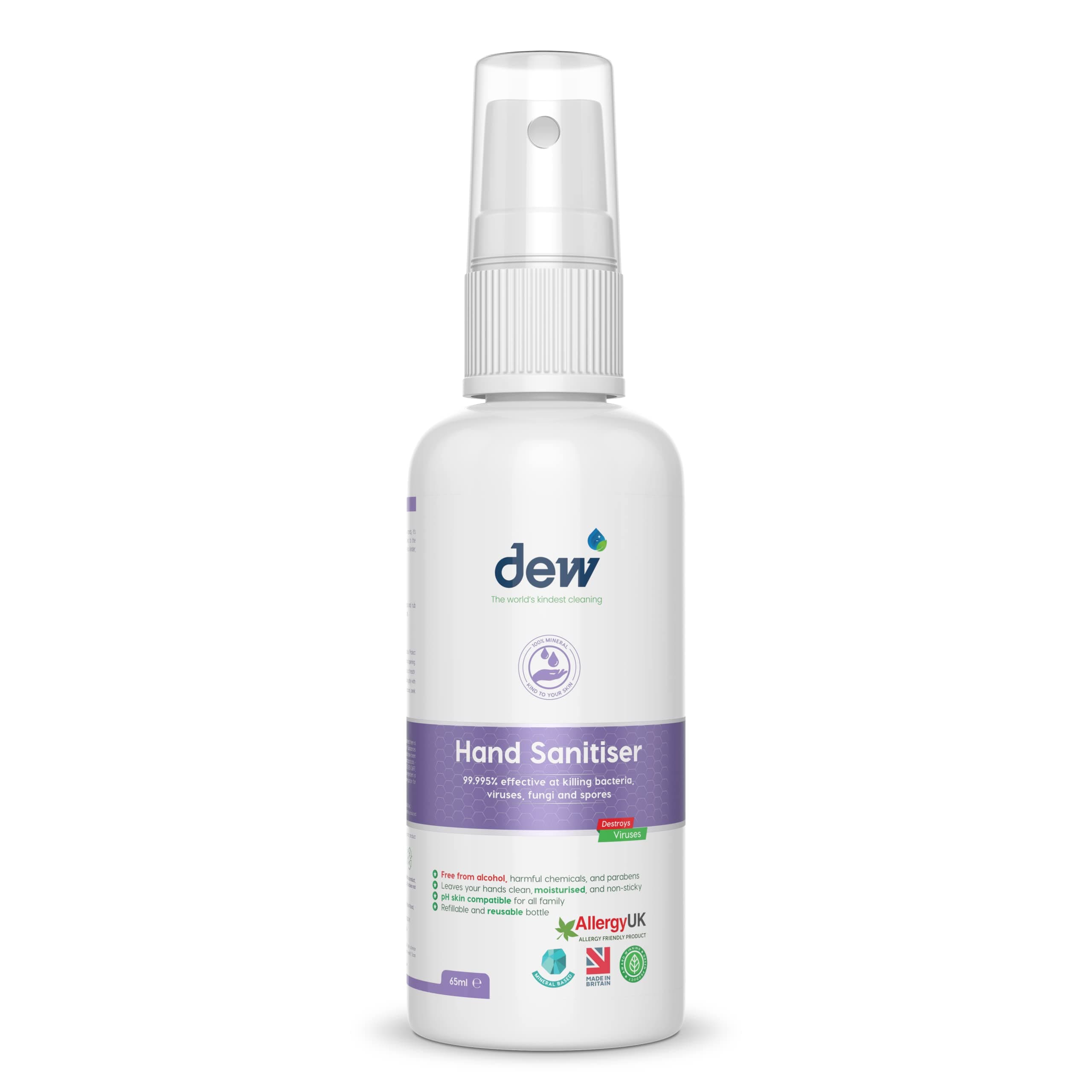Dew Hand Sanitiser - Alcohol free. Electrolysed Water Technology - 100% Hypoallergenic, Non-Irritant, suitable for sensitive skin and kids. 65 ml Hand Sanitizer Spray