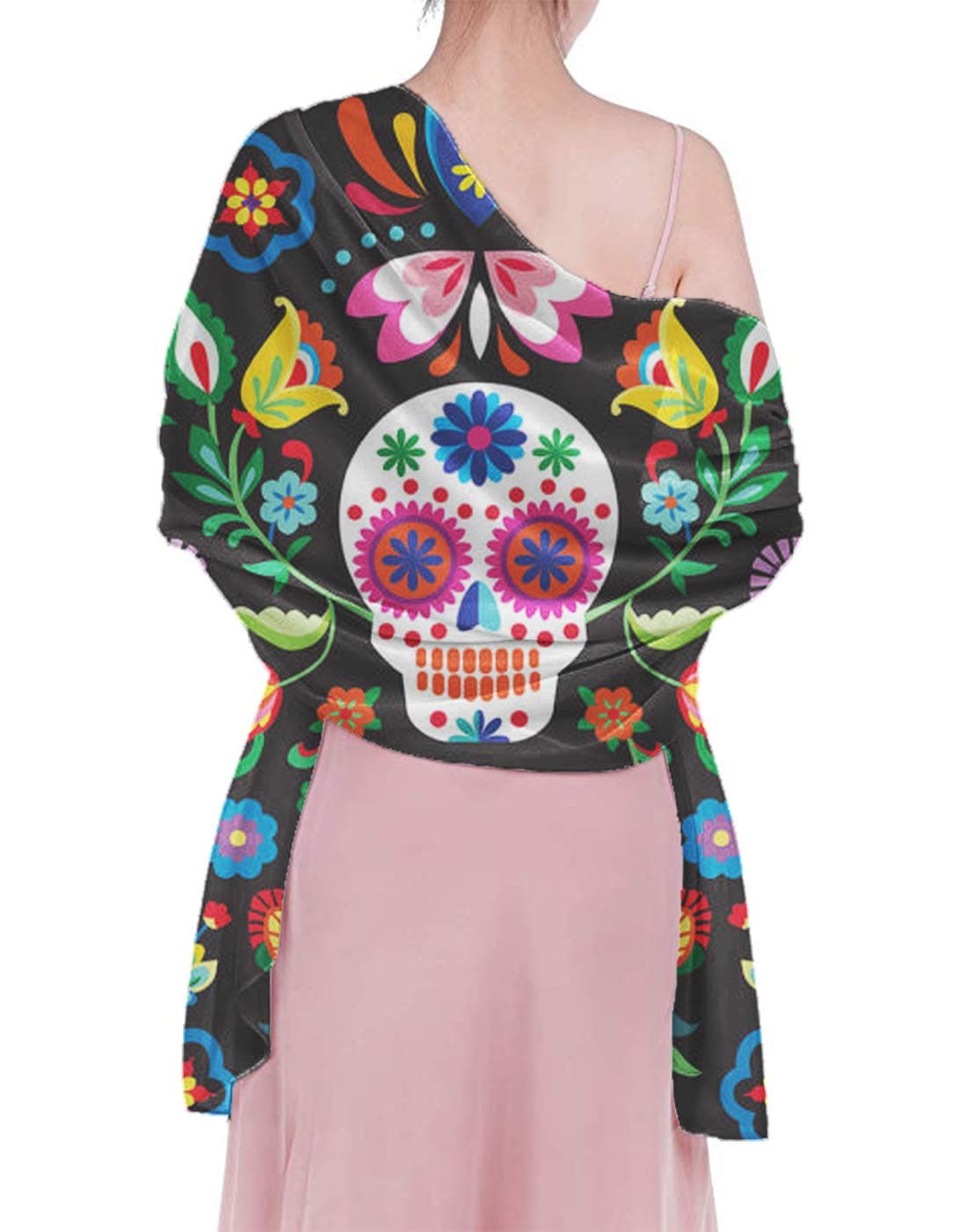 Spring Elegant Shawl for Women Girls, Bridal Wedding Evening Party Wrap Stole Mexican Sugar Skulls Flowers Scarf, Large