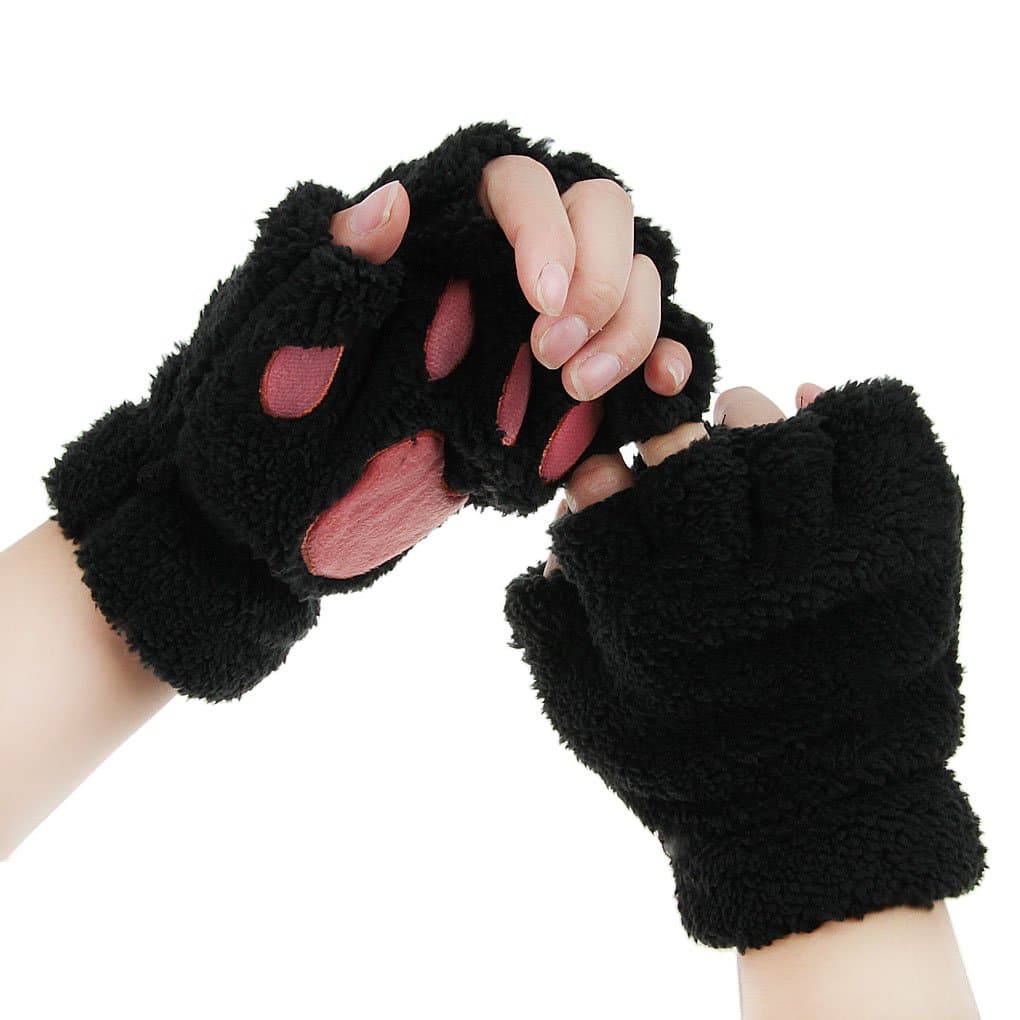 Cute Cat Kitten Paw Fingerless Faux Fur Plush Gloves For Girls Women