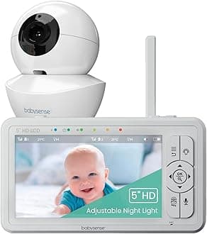 Babysense5" HD Baby Monitor, Video Baby Monitor with Camera and Audio, Built-in Sound and Light Machine, Remote Pan & Tilt, Long Range, 4X Zoom, Night Vision, 4000mAh Battery, Hack-Proof