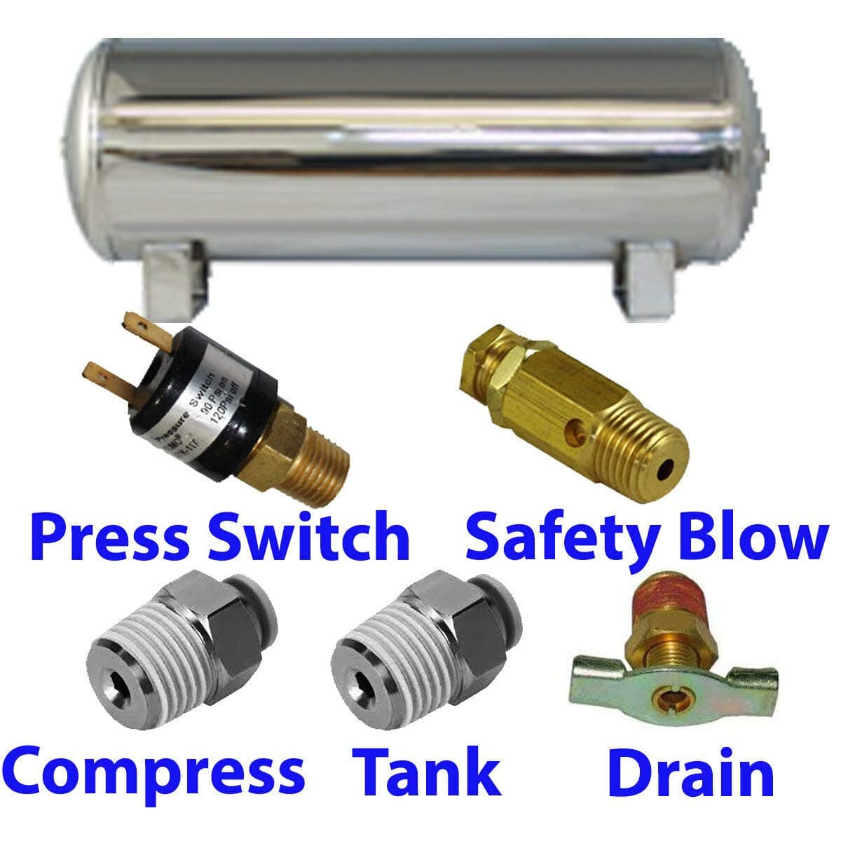 Chassis Tech 9 Gallon Stainless Air Tank 5-Port Train Horn & air Suspension with All Fittings