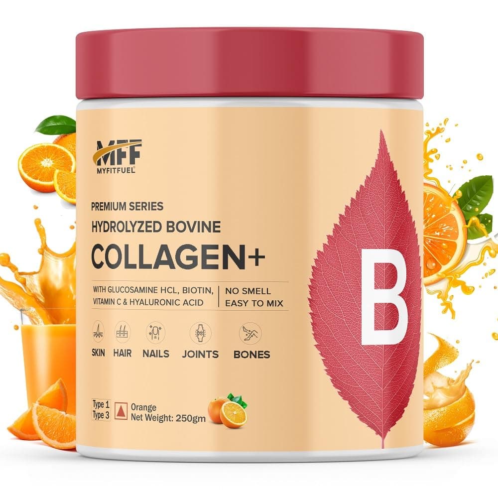 Hydrolyzed Bovine Collagen (250gm, Orange) with Biotin, Hyaluronic Acid, Zinc, Vitamin C & Glucosamine | For Skin, Hair, Nails & Joints