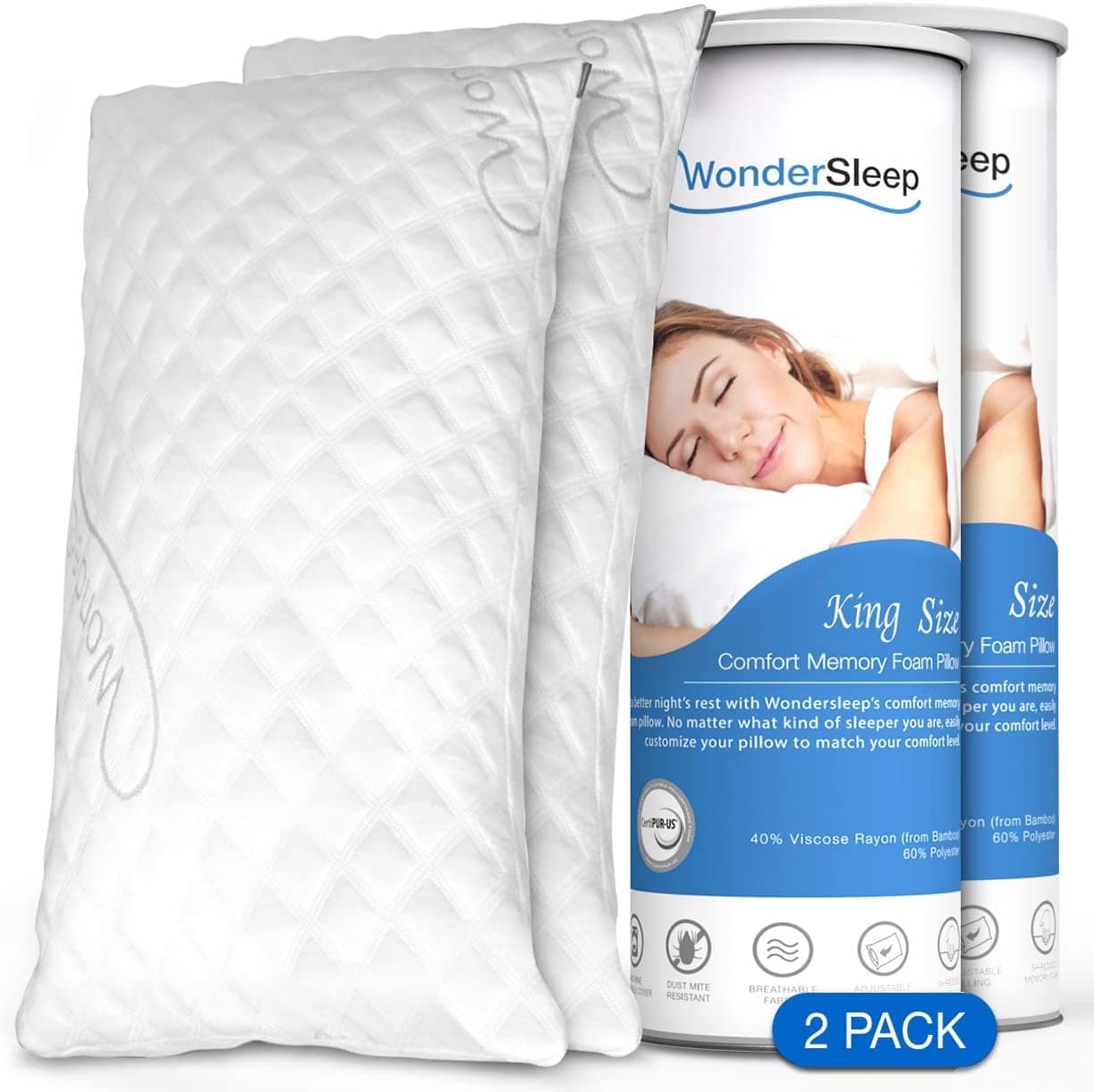 Premium Adjustable Loft [King Size 2-Pack] - Shredded Memory Foam Pillow for Home & Hotel Collection + Washable Removable Cooling Bamboo Derived Rayon Cover - 2 Pack King