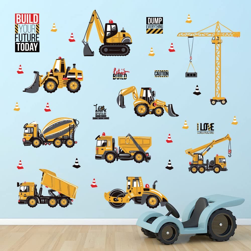 Supzone Construction Vehicles Wall Decals Engineering Car Wall Stickers Cartoon Truck Digger Wall Decor DIY Vinyl Mural Art for Boys Kids Baby Nursery Bedroom Living Room Playroom