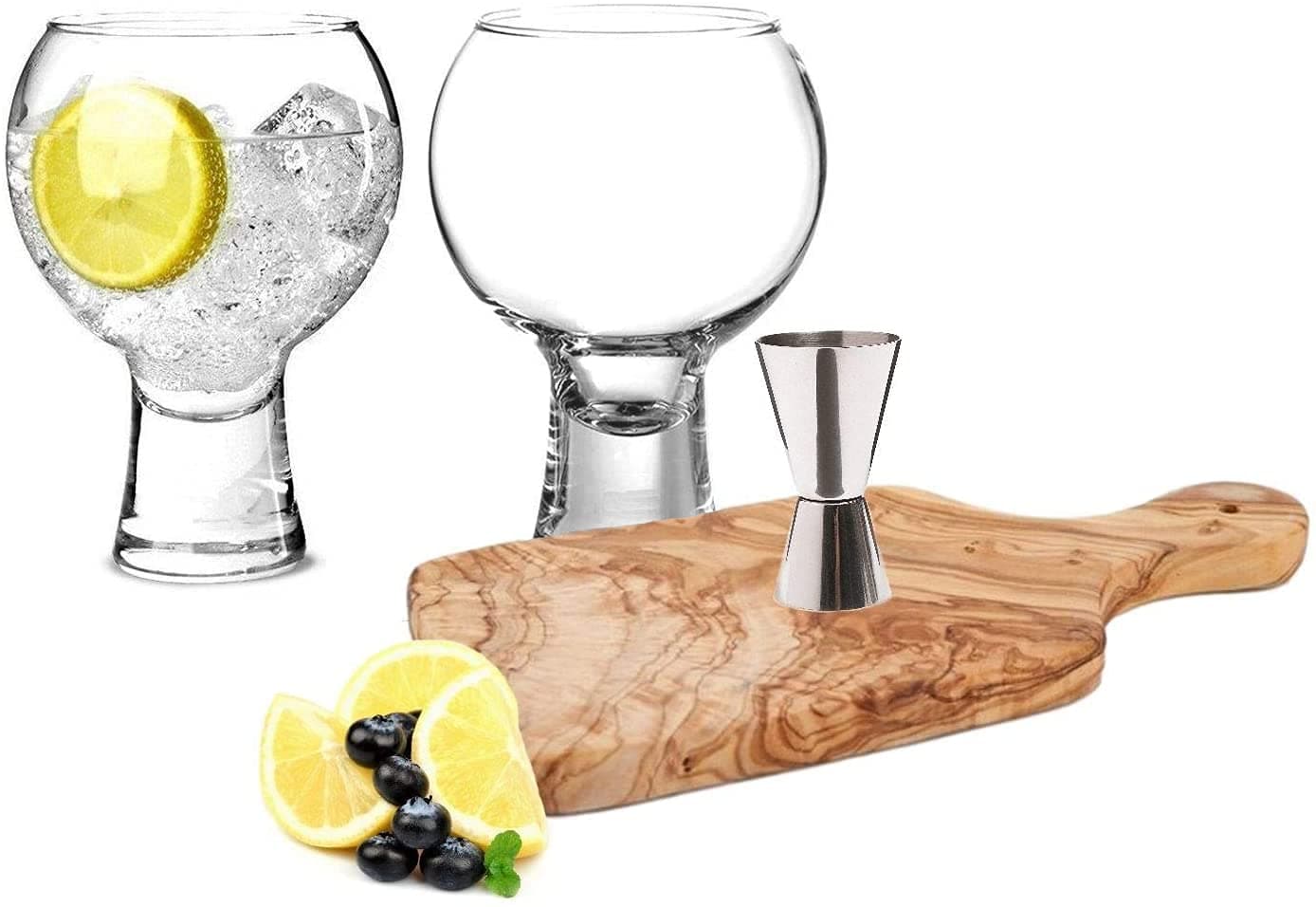 Wrenbury Presents: Durobor Alternato Set of 2 Gin Glasses, Short Stem Bubble Base Glasses 19oz 540ml with Stainless Steel Jigger and Olive Wood Bar Chopping Board