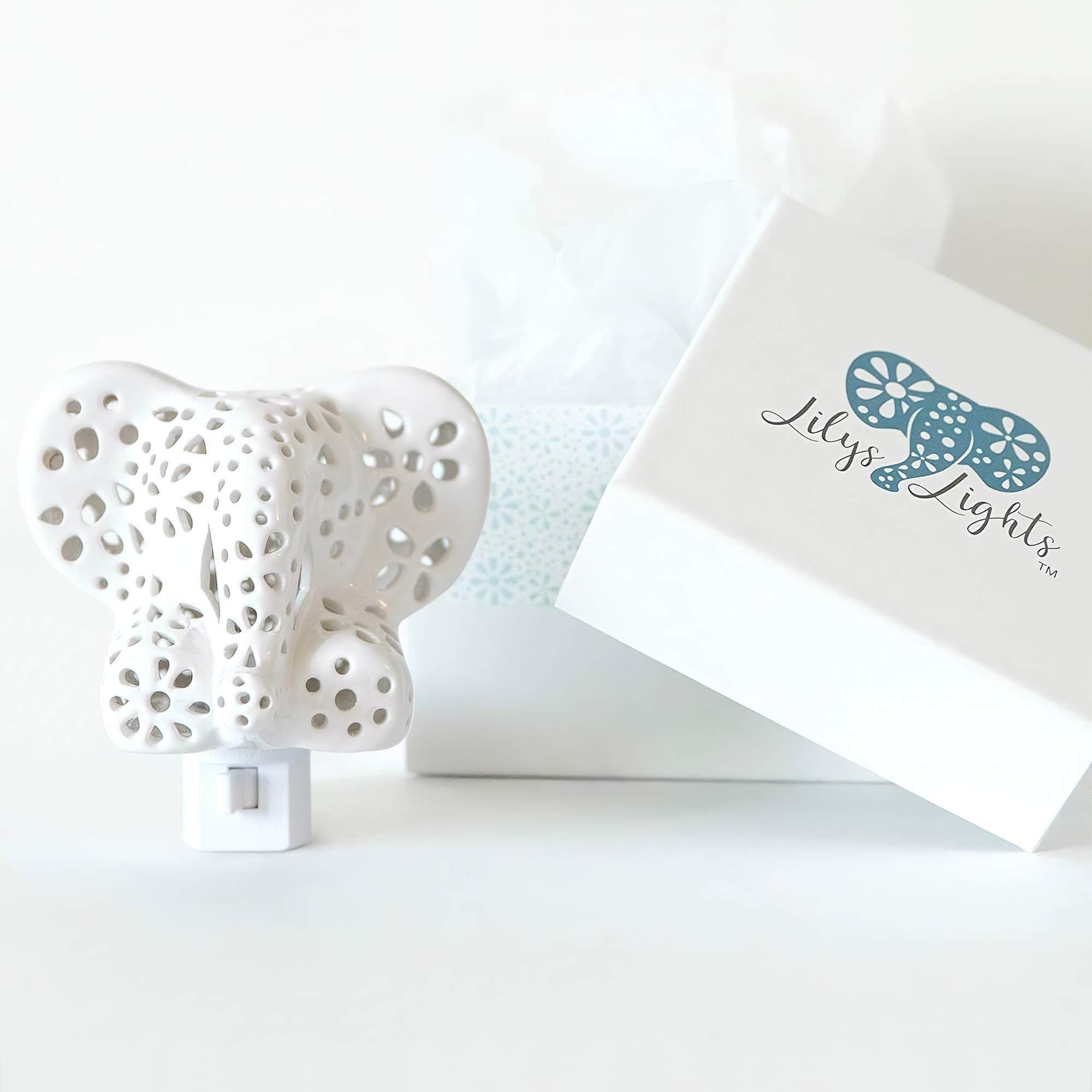 Handmade Elephant Ceramic Night Light (White Elephant)