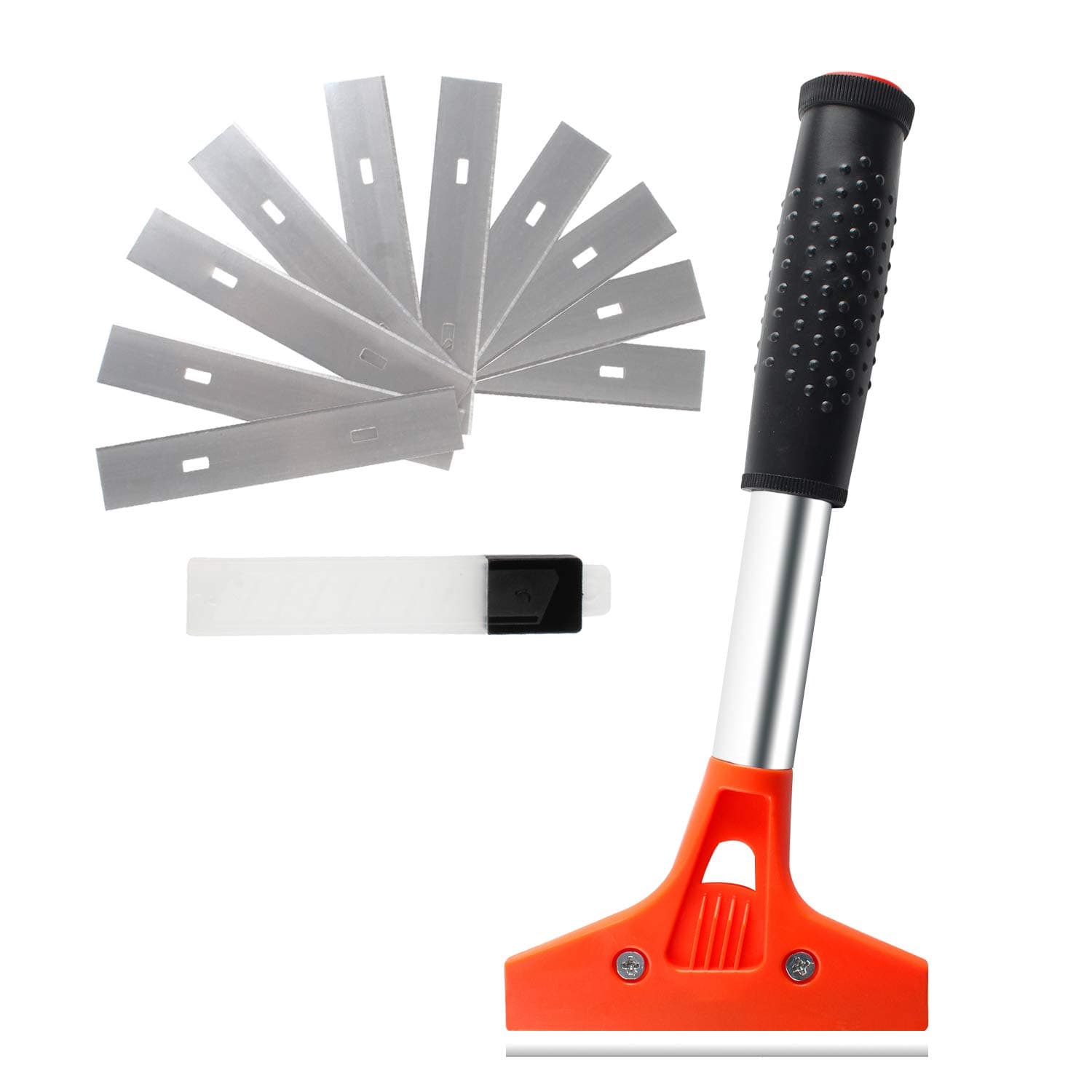 Long Handle Multipurpose 4-inch Replaceable Razor Blade Scraper, 10pcs Extra High-speed Steel Blades | Removing Away Decals, Stickers or Adhesives from Glass, Windshields, Ceramic Tile, Stovetops