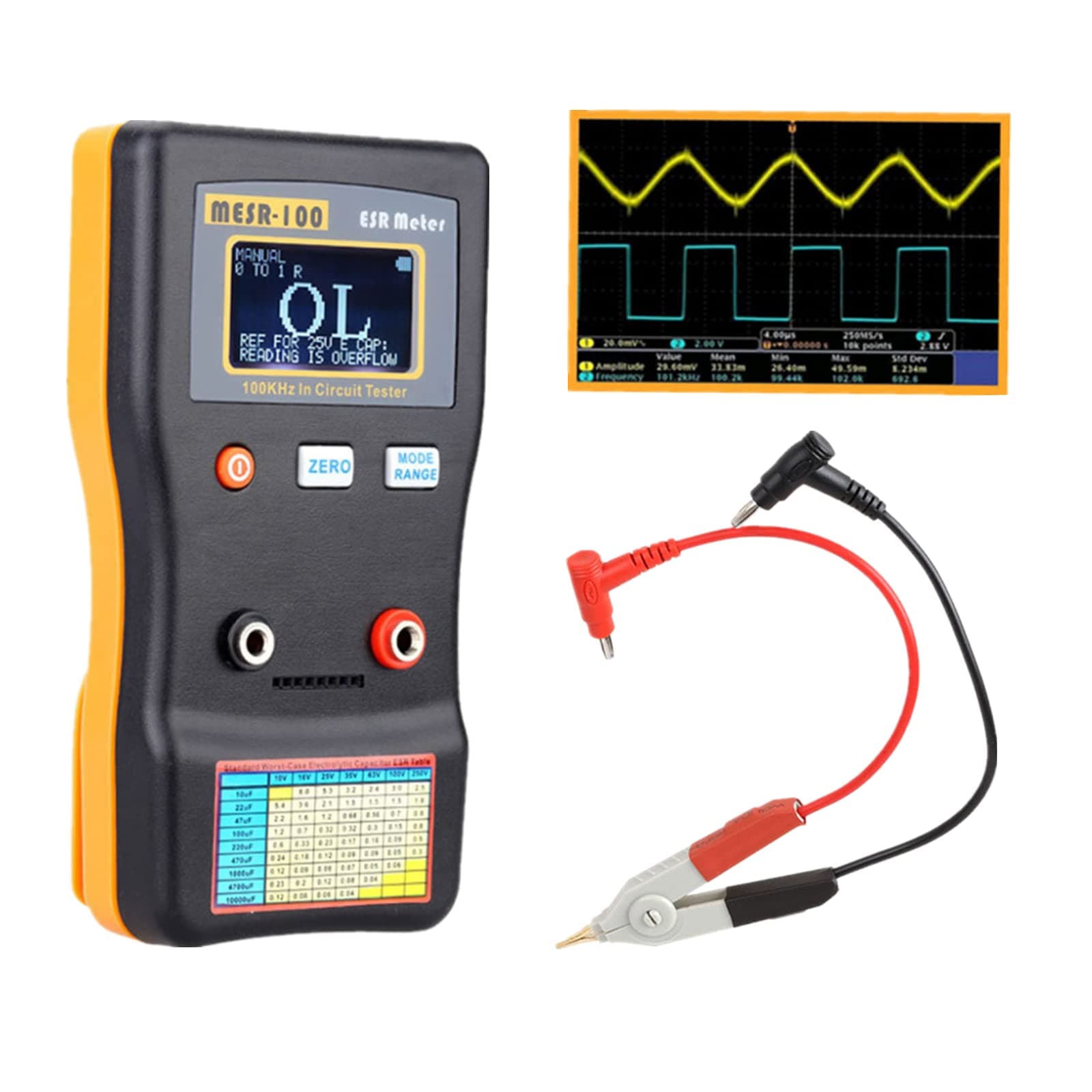 Geevorks MESR-100 Capacitor Tester, Circuit Tester Ohm Meter with SMD Test Clip,Auto-Ranging Capacitor for Measuring Capacitance Resistance Circuit
