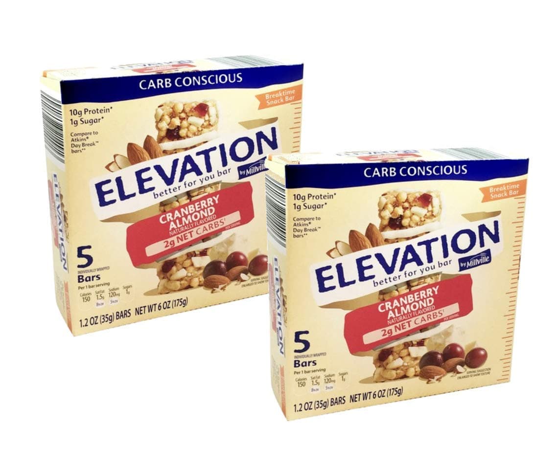 Millville Elevation Protein Bars Snack Endulgent Treat 1.4oz Bars 5g Protein (Cranberry Almond, 2 Pack (10 Bars))