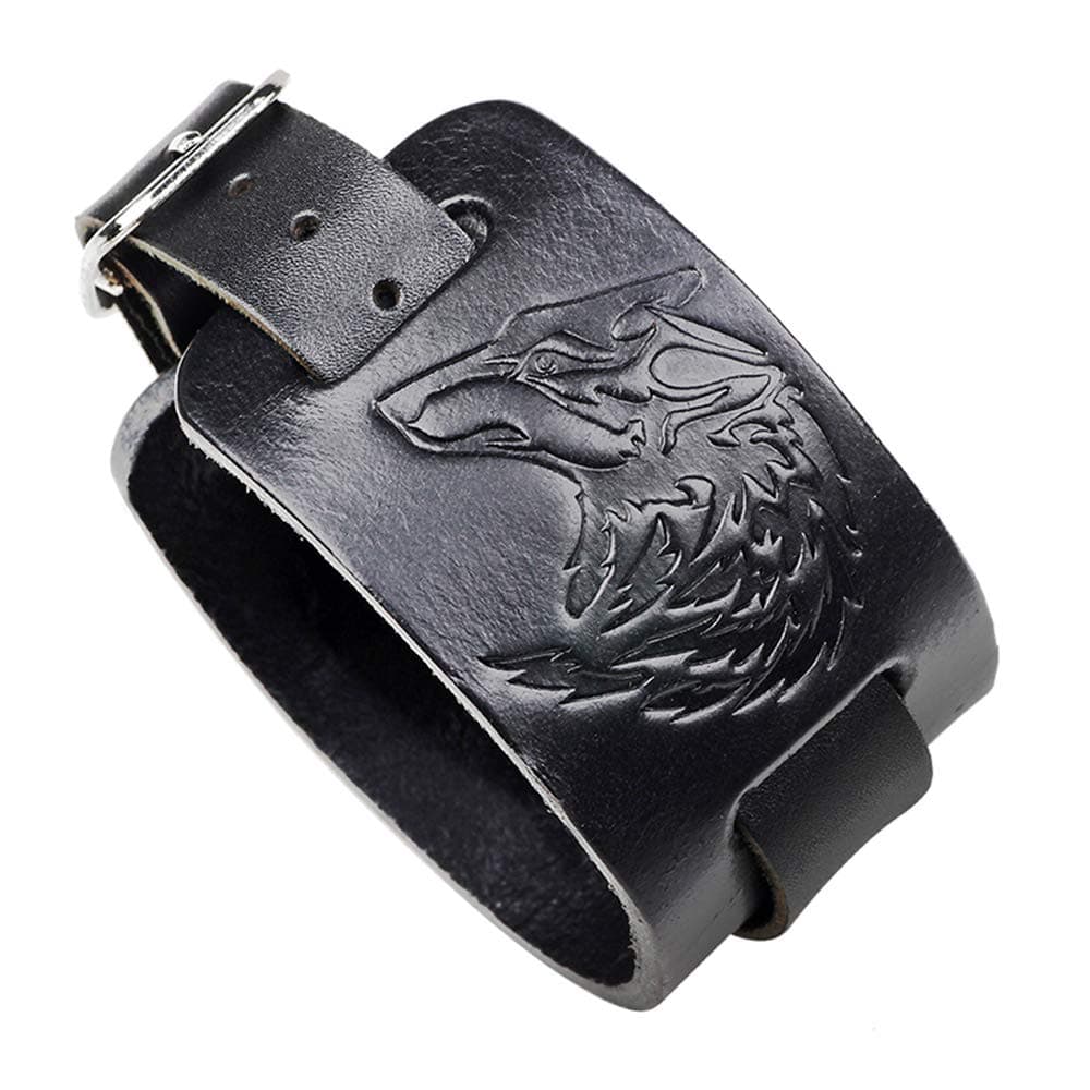 Black Leather Bracelet Wolf Head Bracelet Punk Style Wide Bangle Cuff Bracelet Strap Wristband for Men and Women