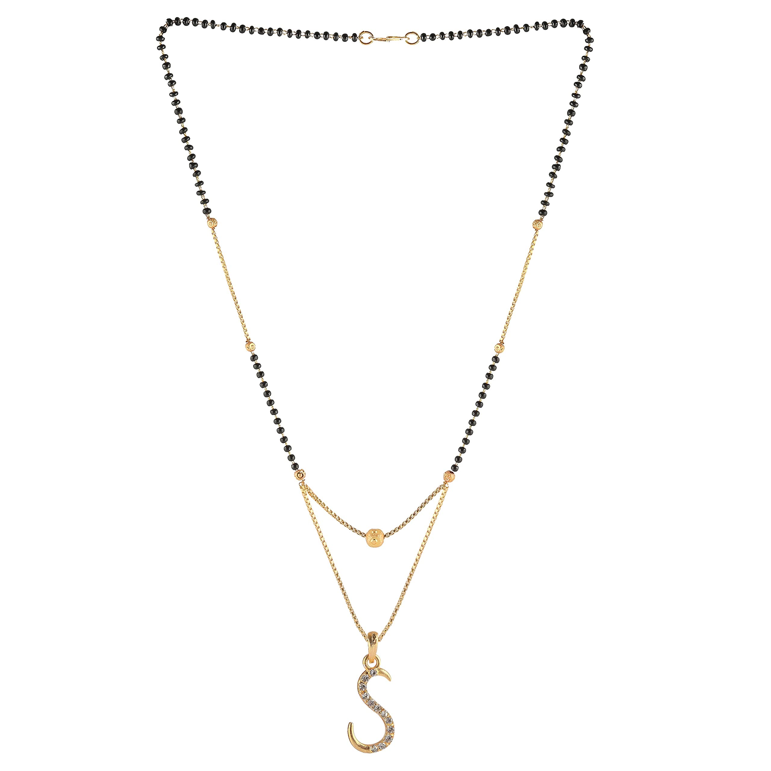Brado JewelleryExclusive Micro Gold Plated White American Diamond S Word Mangalsutra Tanmaniya Nallapusalu Necklace Pendant Black Bead Golden Chain For Women and Girls (S Word)