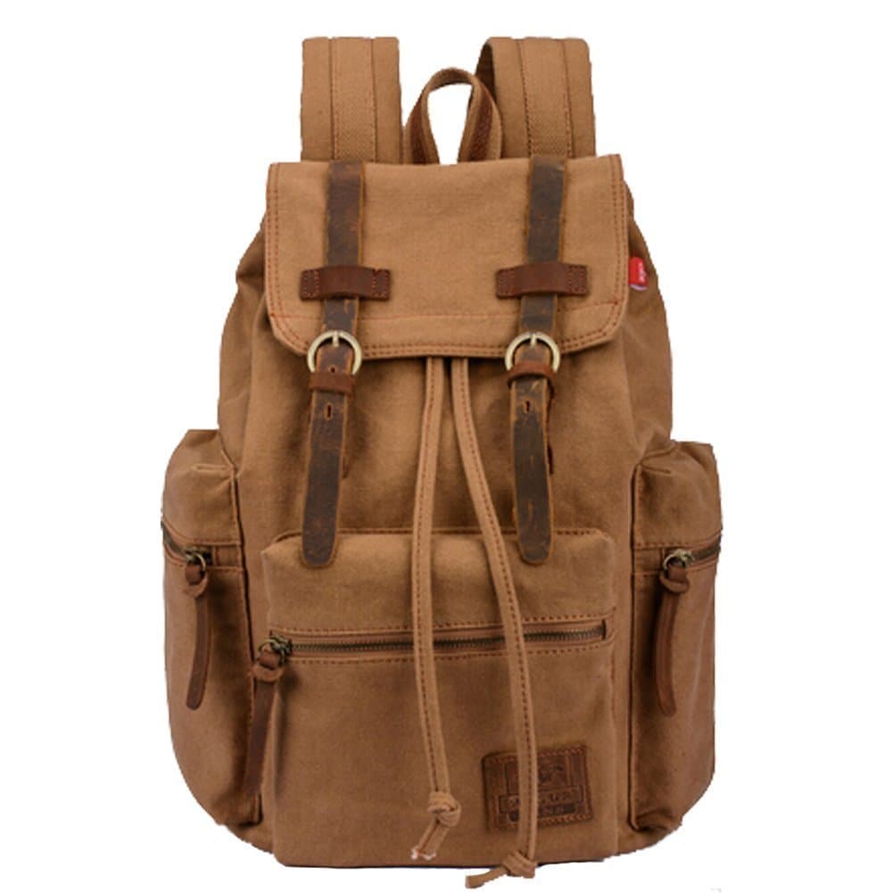 BESTOPE Unisex Canvas Backpack Rucksack Vintage Backpack Casual School Hiking Travel Backpack with Leather Strap (Kakhi)