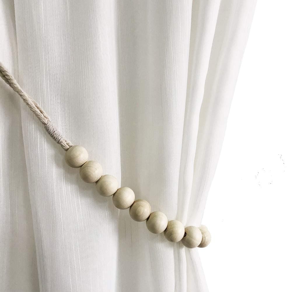 Shinywear Natural White Wood Beads Rope Cotton Cord Curtain Ties Back to Match Wall Hooks Hold Drapery - Nice for Hanging Shelf Rustic Home Decor