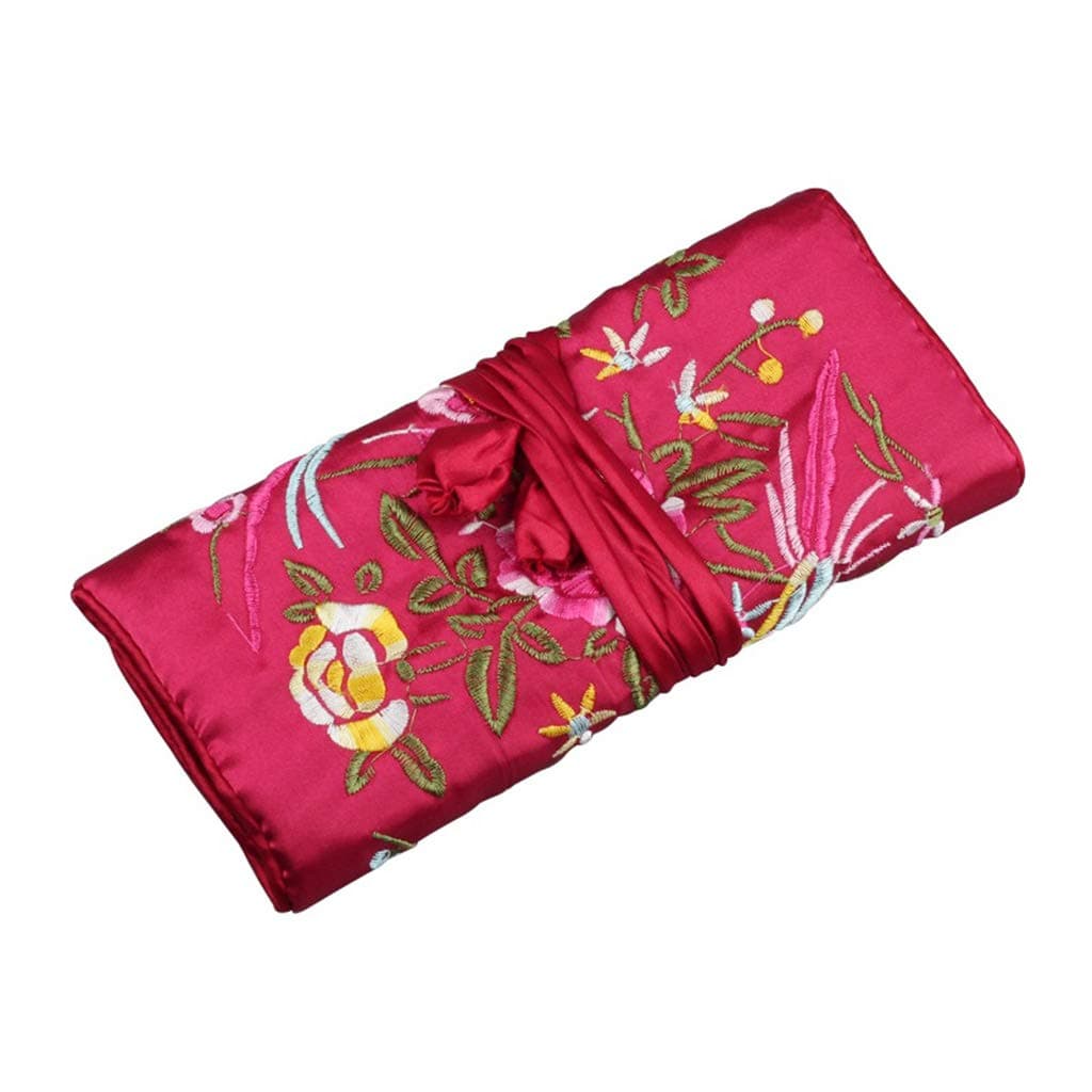 SOFEA Oriental Silk Jewellery Roll Wrap Jewelry Pouch Organizer Travel Storage Case, Hot Pink