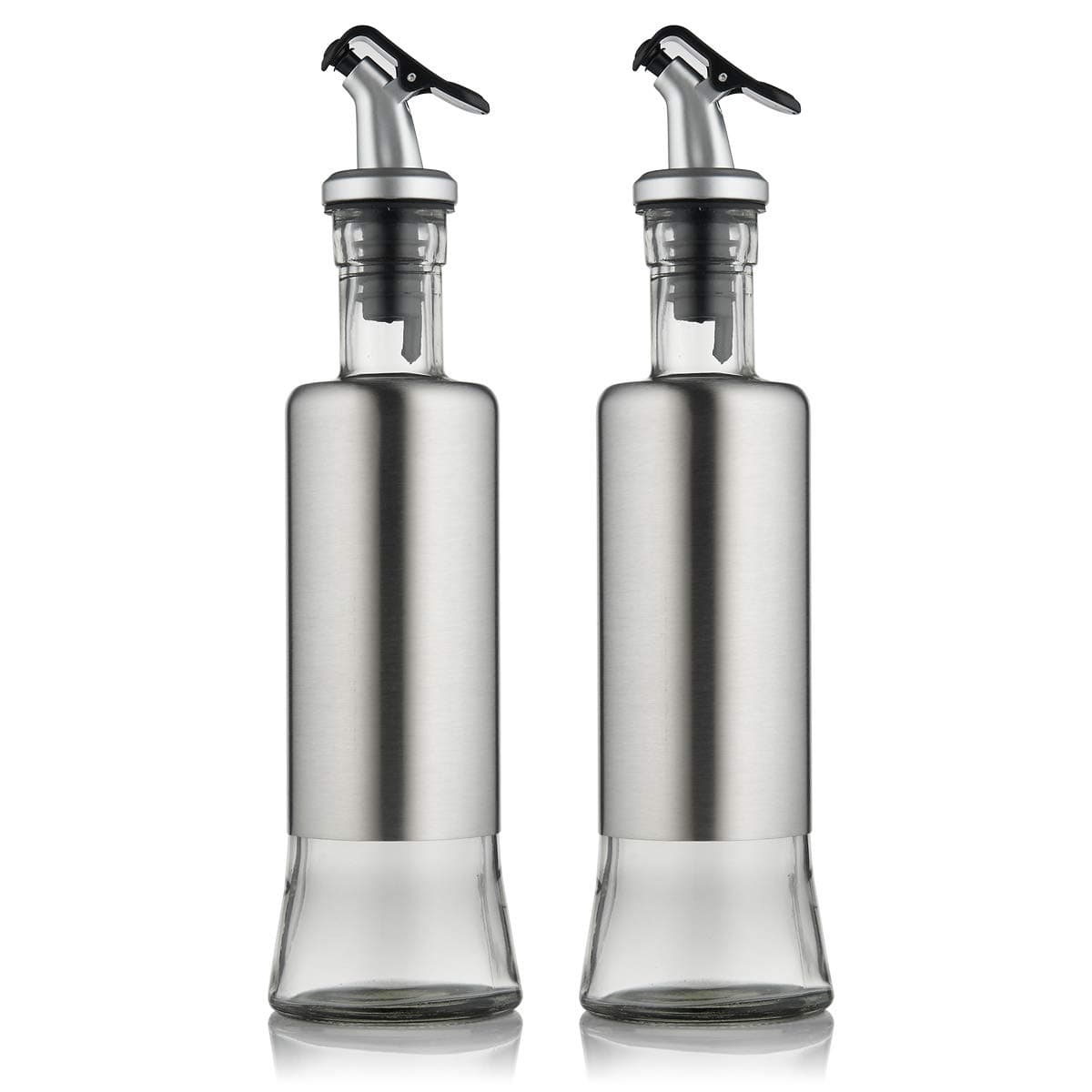 FARI 2 Pack Stainless Steel Olive Oil Dispenser Bottles, 2x300ml Glass Cooking Oil & Vinegar Cruet Set for Kitchen and BBQ