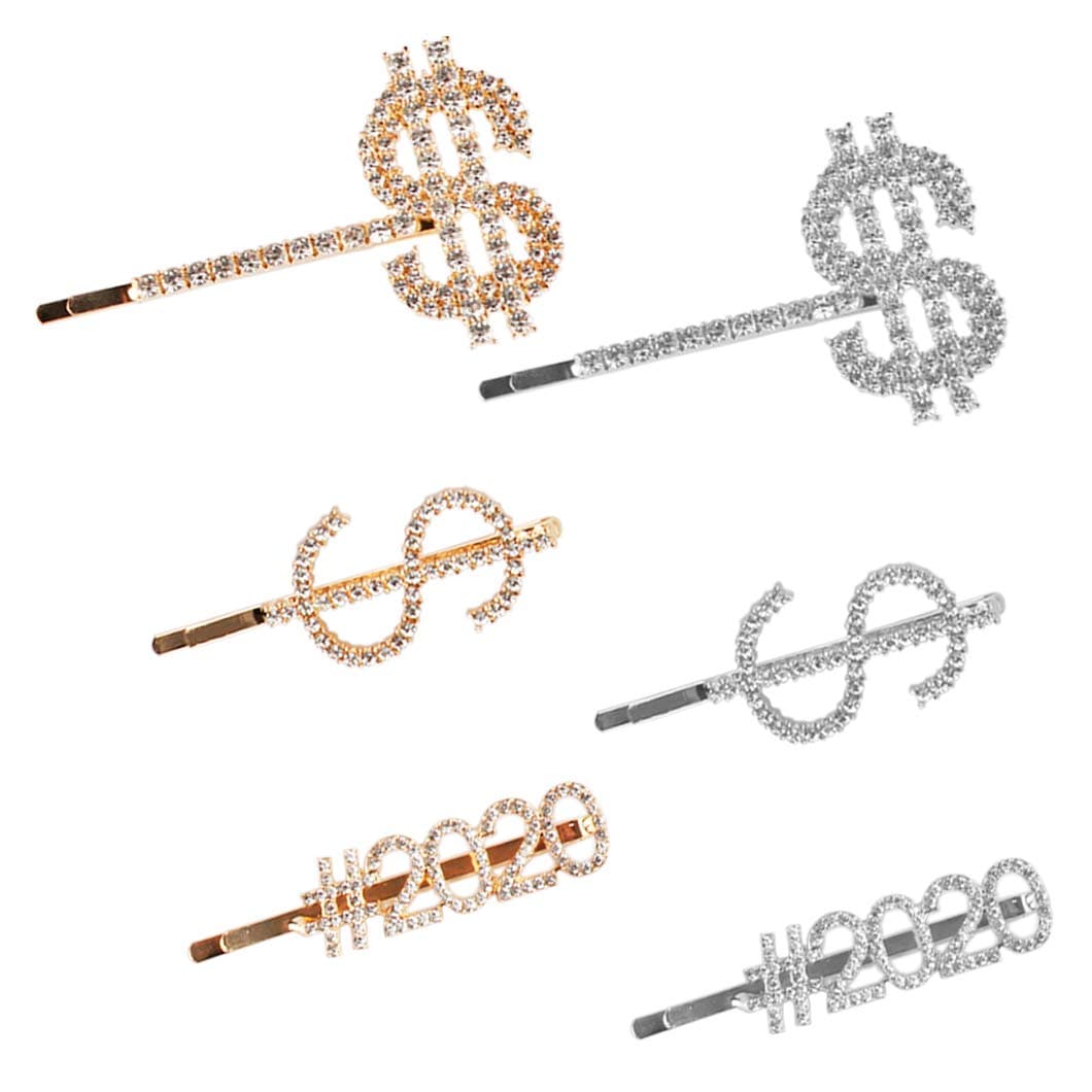 Messen Money Dollar Sign Hair Clip Bling Letters Bobby Pins Luxury Crystal Rhinestones Word Hair Barrettes for Women Girls Sparkle Headwear Accessories (6 Pieces,$/#2020,Gold and Silver)