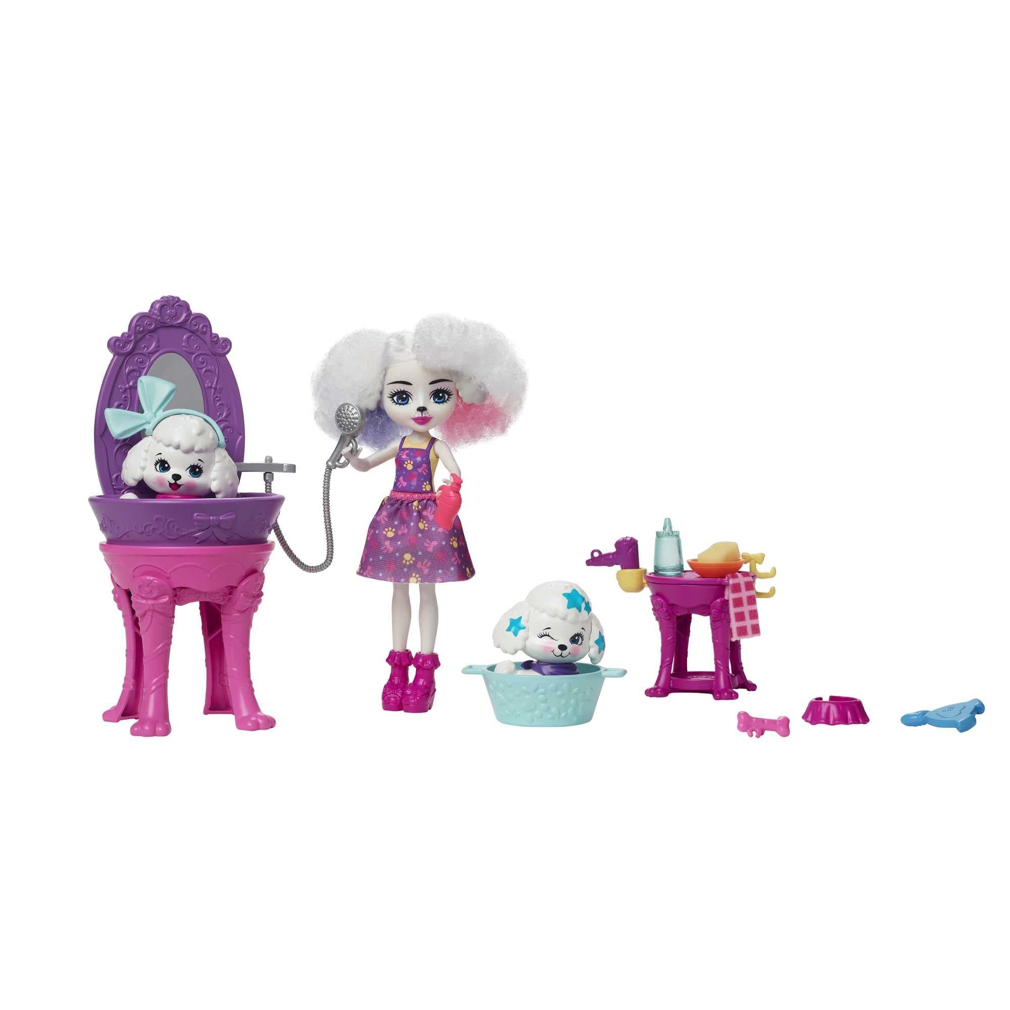 EnchantimalsHHC20 - City Tails Poodle Comfort Beauty Salon Play Set with Poodle Girl Perris Poodle Doll, 2 Dog Figures, Includes Washing Station and Accessories, Toy for Children from 4 Years