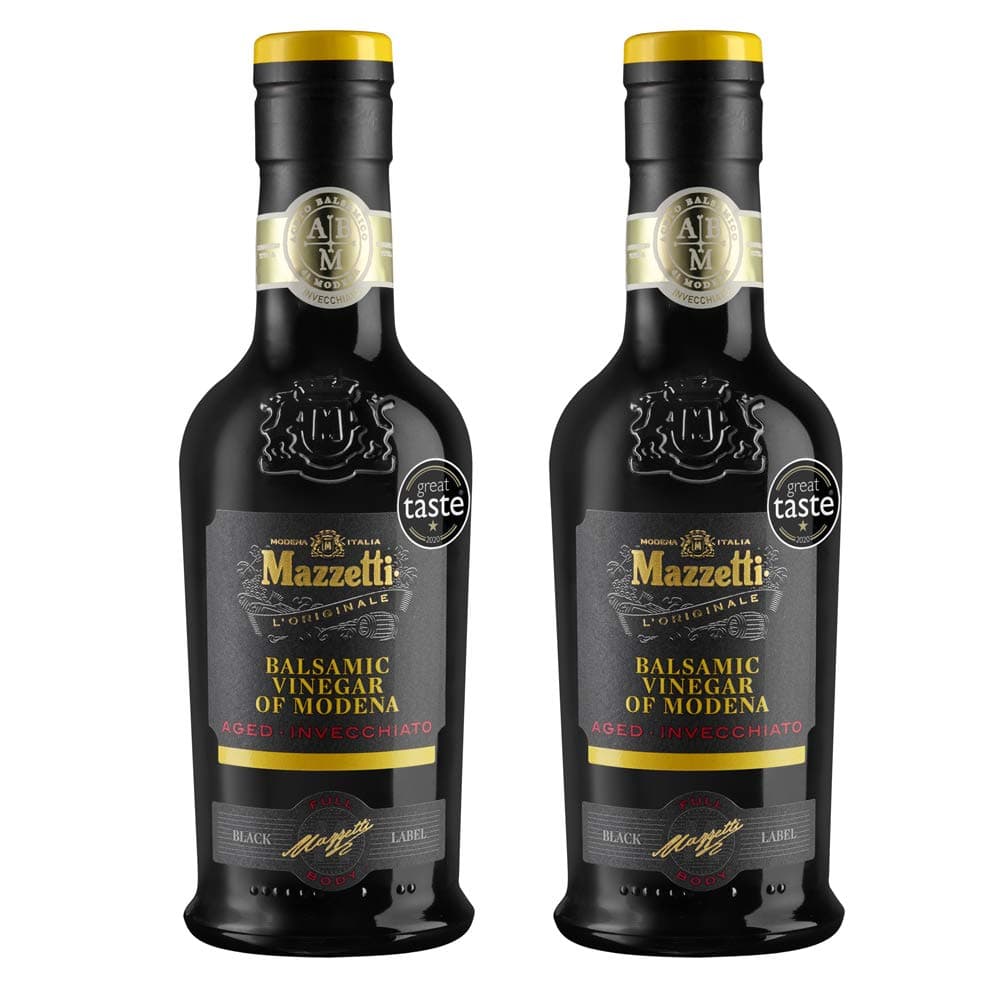 Mazzetti Aged Balsamic Vinegar of Modena, Black Label. Sweet, thick and rich. Aged in oak barrels for 3 years. Perfect with cheese or dessert. Made in Italy. 2 x 250ml