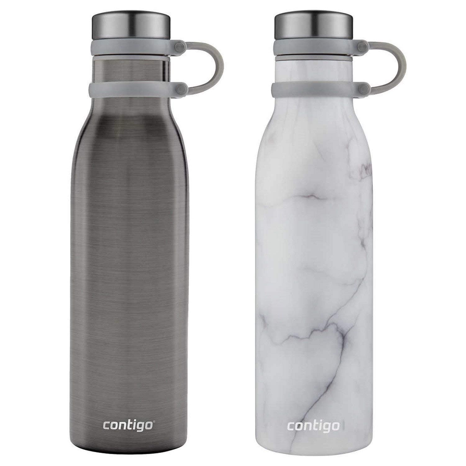 Contigo Couture Collection Vacuum-Insulated Stainless-Steel Water Bottle w/Tethered Lid, 20 oz, Gunmetal Grey/White Marble - 2 Pack