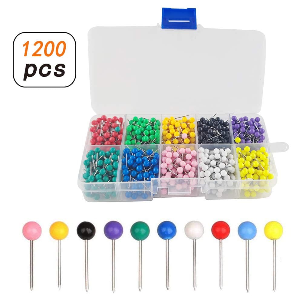 YIXISI 1200 PCS Map Push Pins, Map Tacks, Colourful Push Pins, Plastic Round Head Tacks with Steel Points, Drawing Push Pins, Used for Maps, Cork Boards, Fixed Photos (10 Assorted Colors)