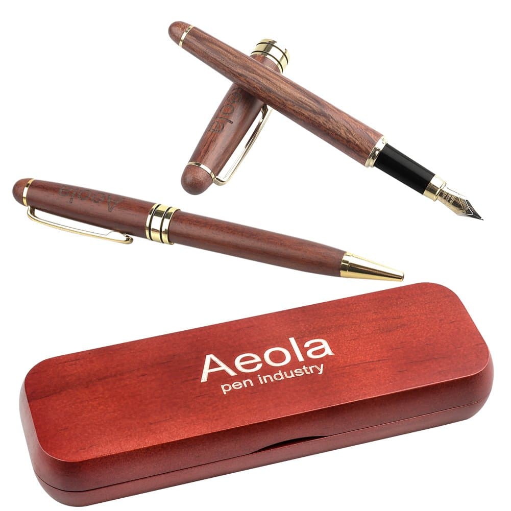 Rose Gold Fountain Pen Set Aeola Natural Handcrafted Wooden Ballpoint and Pen with Matching Wooden Box Luxury Elegant Gift Pen Set for Calligraphy Signature Executive Business