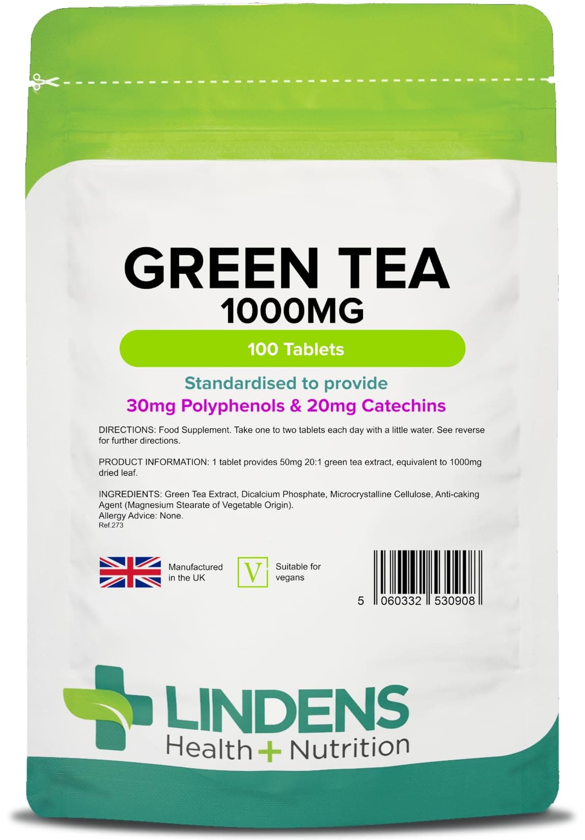 Lindens - Green Tea 1000mg, 100 Tablets - UK Made - Standardised to Provide 120mg Polyphenols and 80mg Catechins - Green Tea Extract, 2,000mg Daily Intake - Letterbox Friendly, Vegan