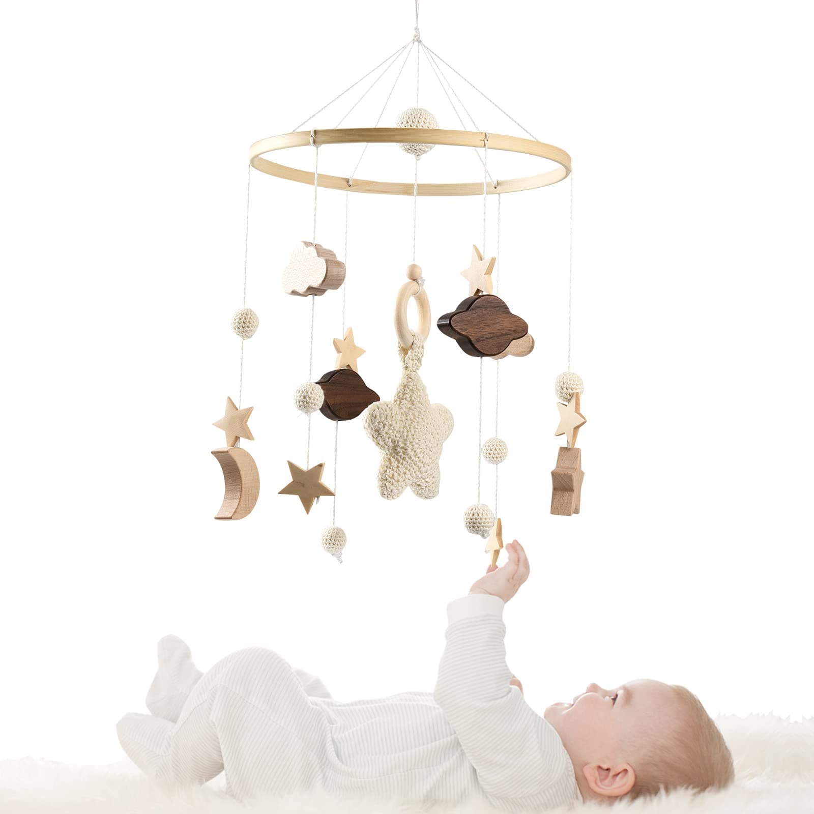 Evoloo Baby Crib Mobile, Baby Cot Mobile, Baby Bed Mobile Wind Chime with Clouds Moon Stars, Mobile Baby Girl Bed Bell, Pendant to Hang for Crib Cot Mobile(Wooden)