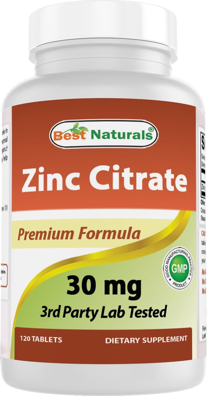 Best Naturals Zinc 30mg Supplements (as Zinc Citrate) - zinc Vitamins for Adults Immune Support - 120 Tablets