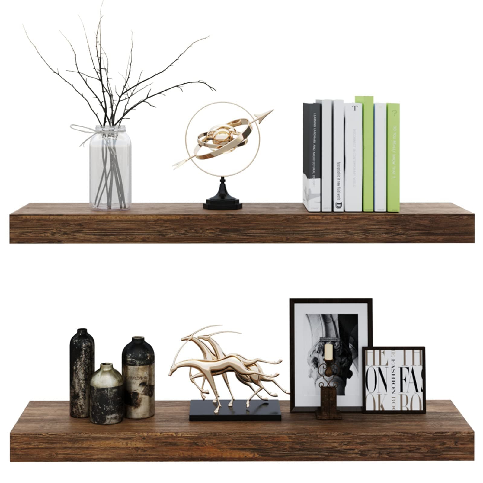 Floating Shelves Set of 2，Natural Bamboo Wall Shelf Wall Mounted Shelves，Wall Mount Display Rack with Large Storage L23 x W6 for Kitchen Living Room Bathroom Bedroom