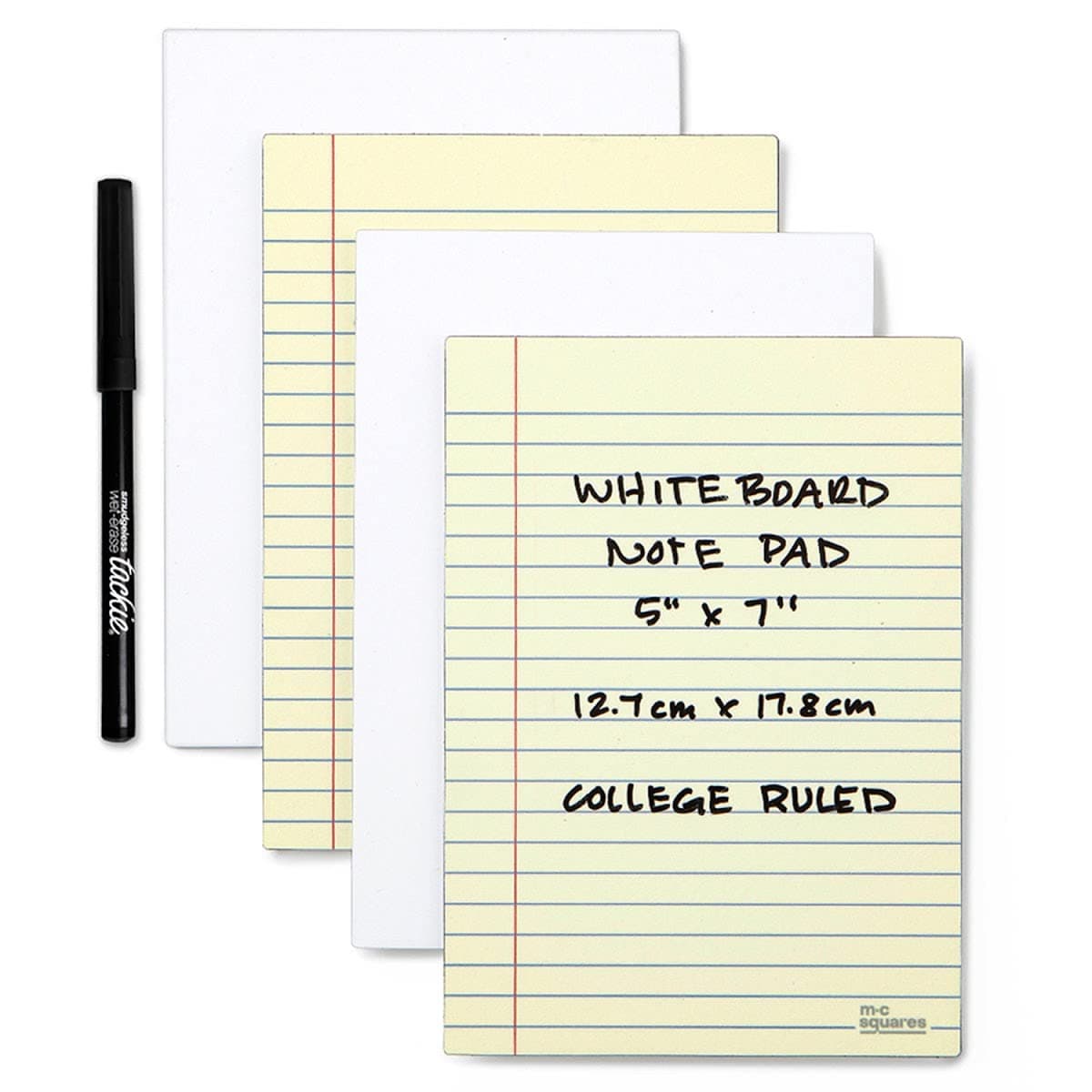 M.C. Squares Dry-Erase Jr. Legal Pads - 5 x 7 Inch, Junior 4-Pack - One Side Lined Canary Erasable Note Pad, One Side Blank White Board, Included Wet-Erase Tackie Marker